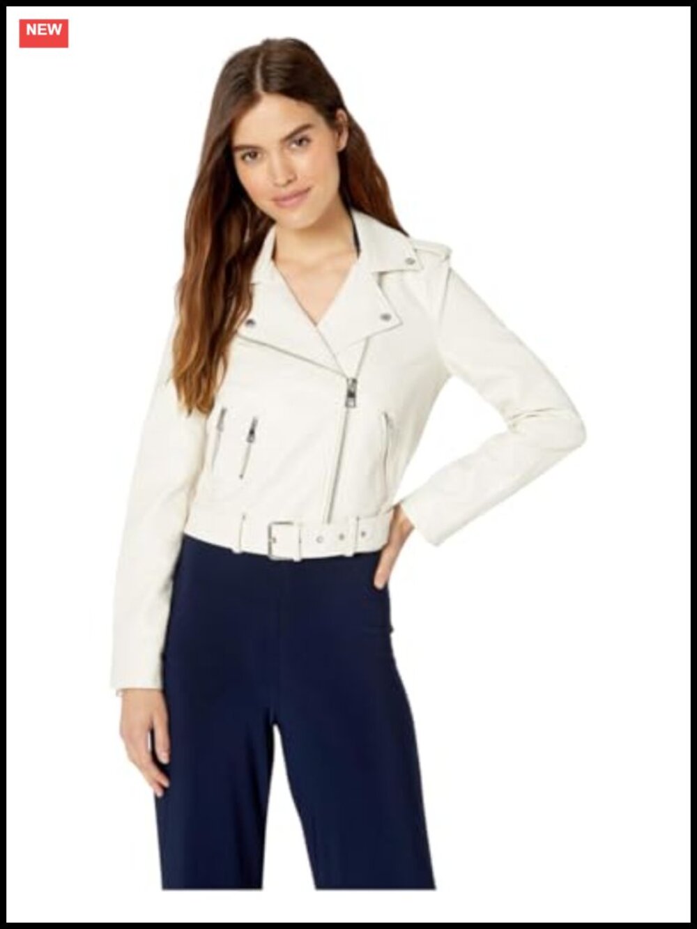 Faux Leather Belted Moto Jacket Asymmetrical Zip Snap Lapels Epaulettes